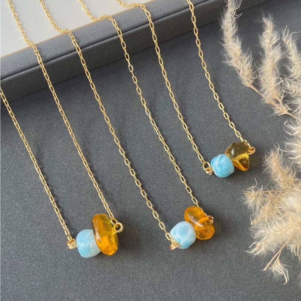 Gold Chain Necklace with Larimar and Amber Beads